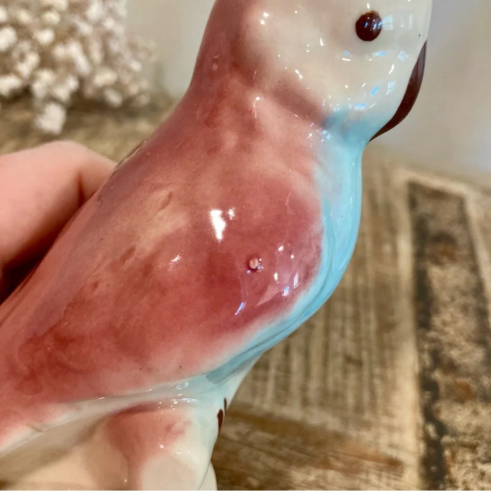 Pair Vintage Parakeet Ceramic Figurines 6” Tall Pinks and Blue